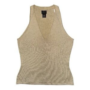 INC International Concepts Gold Sparkle Metallic Ribbed V-Neck Sleeveless Top M